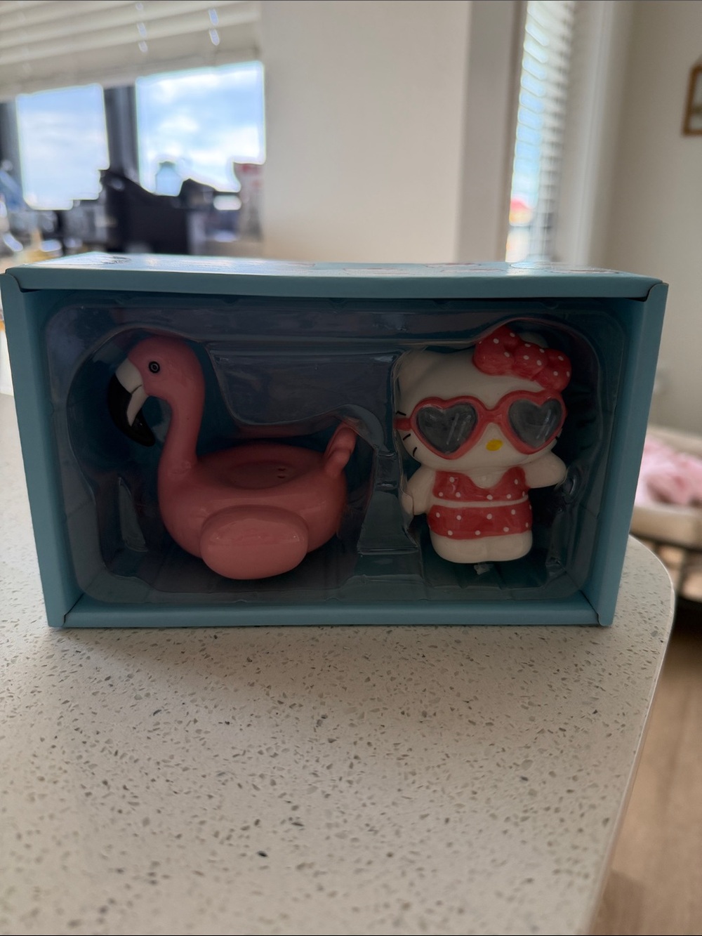 Pink Flamingo Float and hello kitty Character Figurine Home Accent Set
